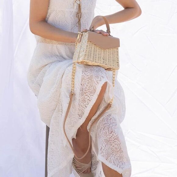 Like Dreams Handbags - Like Dreams Skylar Taupe Vegan Leather Straw Crossbody Hand Bag